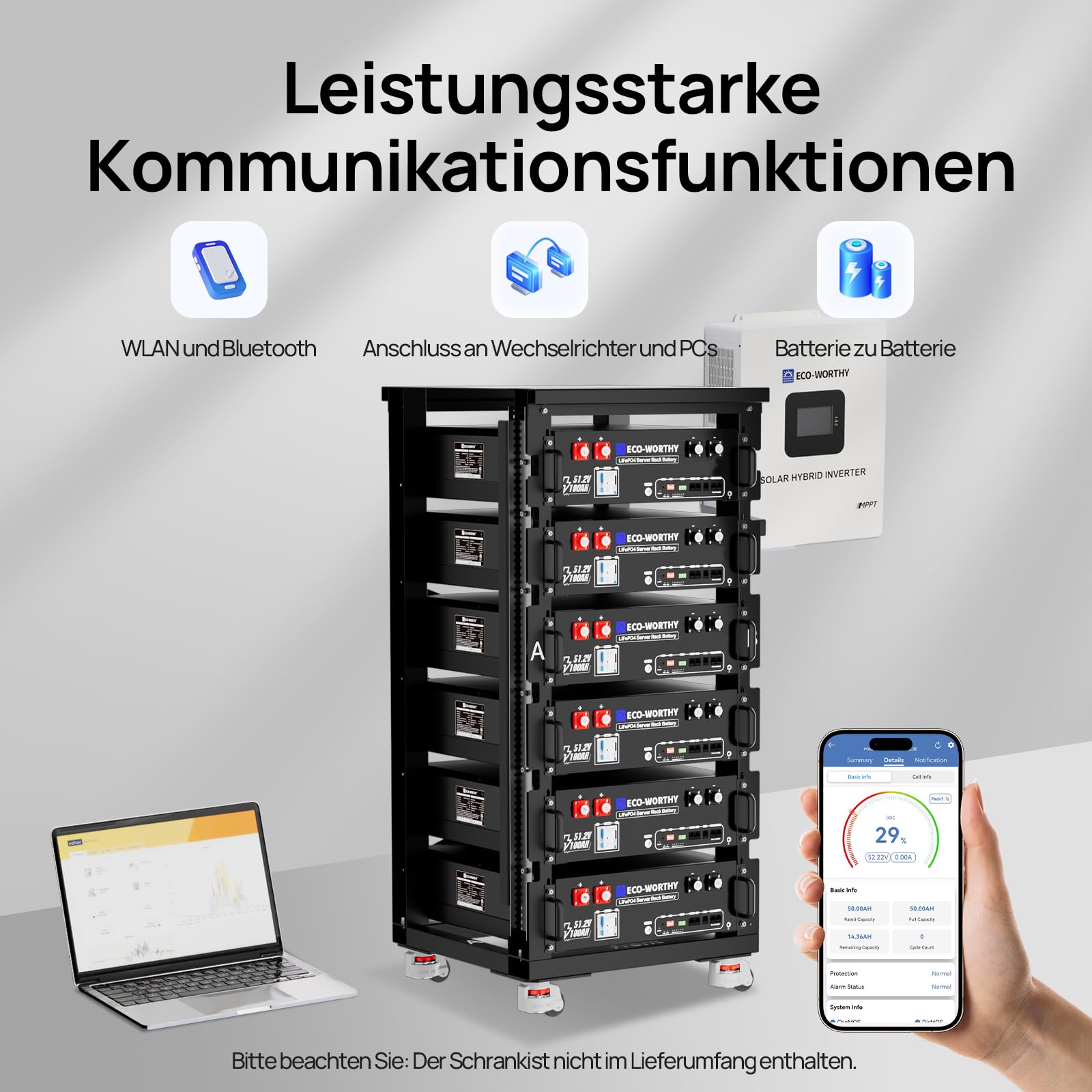 ECO-WORTHY LiFePO4 48V 100Ah Bluetooth mit 100A BMS,5.12KWh 48V Lithiumbatterie Serverschrank Solarbatterie für Solaranlage Komplettset,Photovoltaikanlage,IEC 62619 2