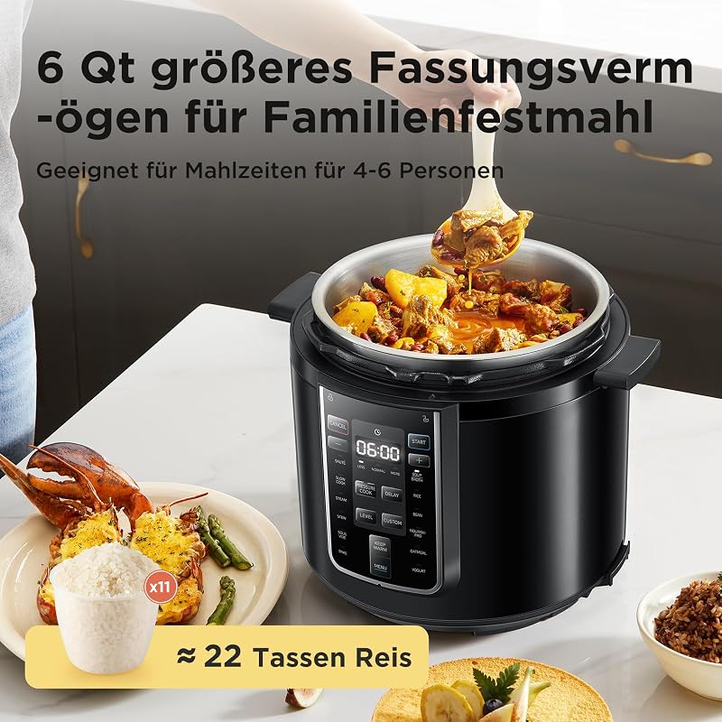 Elektrischer Schnellkochtopf 6L, 9-in-1 Multikocher mit 14 Funktionen, Joghurtbereiter, Reiskocher, Slow Cooker, Sous Vide, Dampfgarer, Nudelkocher, Edelstahl Innentopf, Schwarz