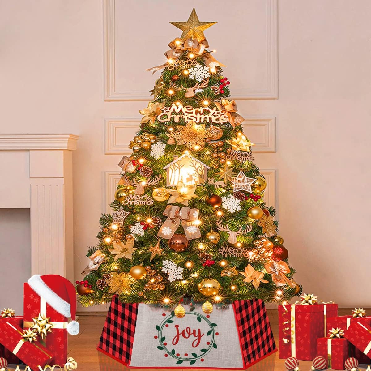 Tree Stands - CA Mode Christmas Tree Collar 30 Inch, Hexagon Christmas Tree Ring Durable Xmas Tree Base Stand Cover Decoration, Rustic Red & Black Plaid