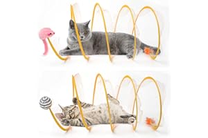 TEASIK 2-Pack Large Cat Tunnel Beds - Indoor & Outdoor,Kitten Collapsible Spring Tunnel Toy with Feather and Bell,Interactive Spring Toys for Cats & Kittens（Yellow）