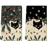 Artoid Mode Black Cat Lamp Snowflake Winter Kitchen Towels Dish Towels, 18x26 Inch Farmhouse Holiday Pine Branch Decoration Cleaning Set of 2
