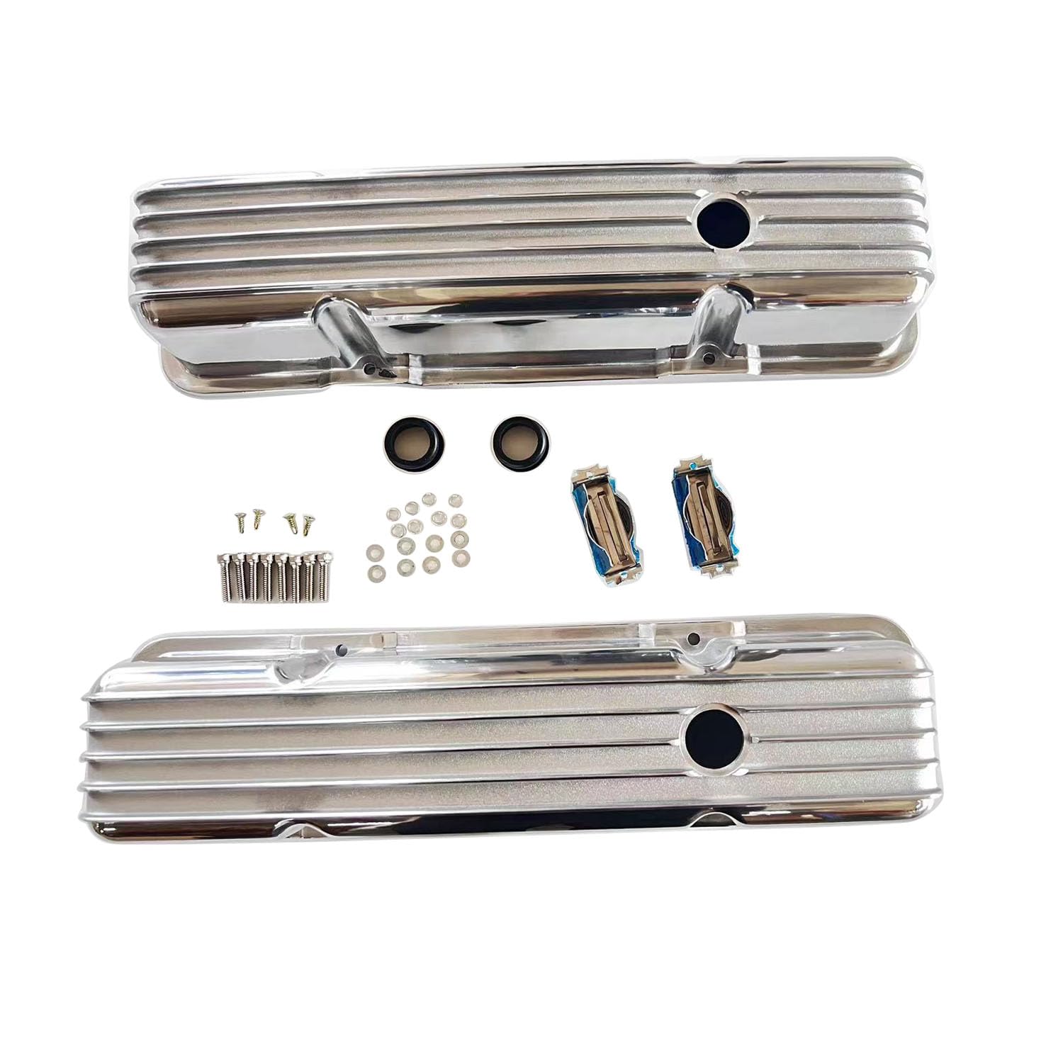 Photo 1 of 1 Set SHLPDFM Polished Aluminum Finned Tall Valve Covers Fits for SBC Small Block Chevy 283-305-327-350-400