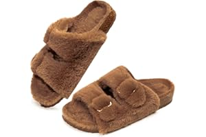 FITORY Womens Open Toe Slipper with Cozy Lining,Faux Rabbit Fur Cork Slide Sandals Size 6-11