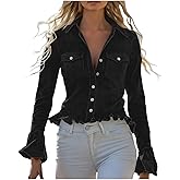 Women's Vintage Western Faux Suede Shirt Classic Button Up Lapel Collar Ruffle Bell Long Sleeve Blouse Dressy Casual Top