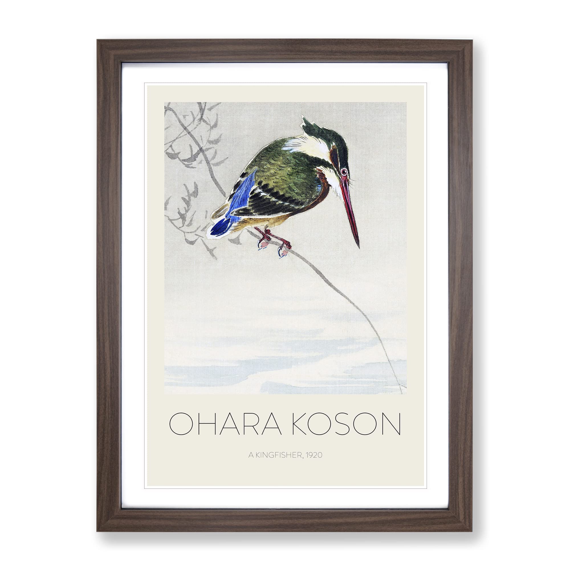 A Kingfisher By Ohara Koson Exhibition Museum Asian Japanese Framed Wall Art Print, Ready to Hang Picture for Living Room Bedroom Home Office Décor, Walnut A4 (34 x 25 cm)