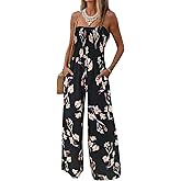 AUXDIO Womens Casual Strapless Summer Jumpsuits Loose Off Shoulder Smocked Sleeveless Wide Leg Romper with Pockets