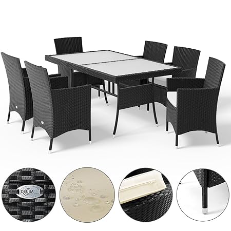 Deuba Poly Rattan Sitzgarnitur Schwarz I Dicke Auflagen | 6 Stühle & Tisch | Milchglas Gartenmöbel Sitzgruppe Garten Set
