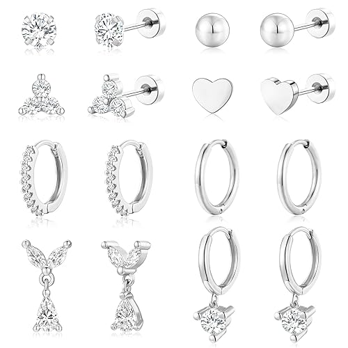adoyi Silver Hypoallergenic Surgical Steel Earrings 14K Gold Plated for Sensitive Ears Flat Back Studs Cartilage Hoops Earrings Set for Women Men Stainless Steel Multiple Piercing Jewelry Lightweight