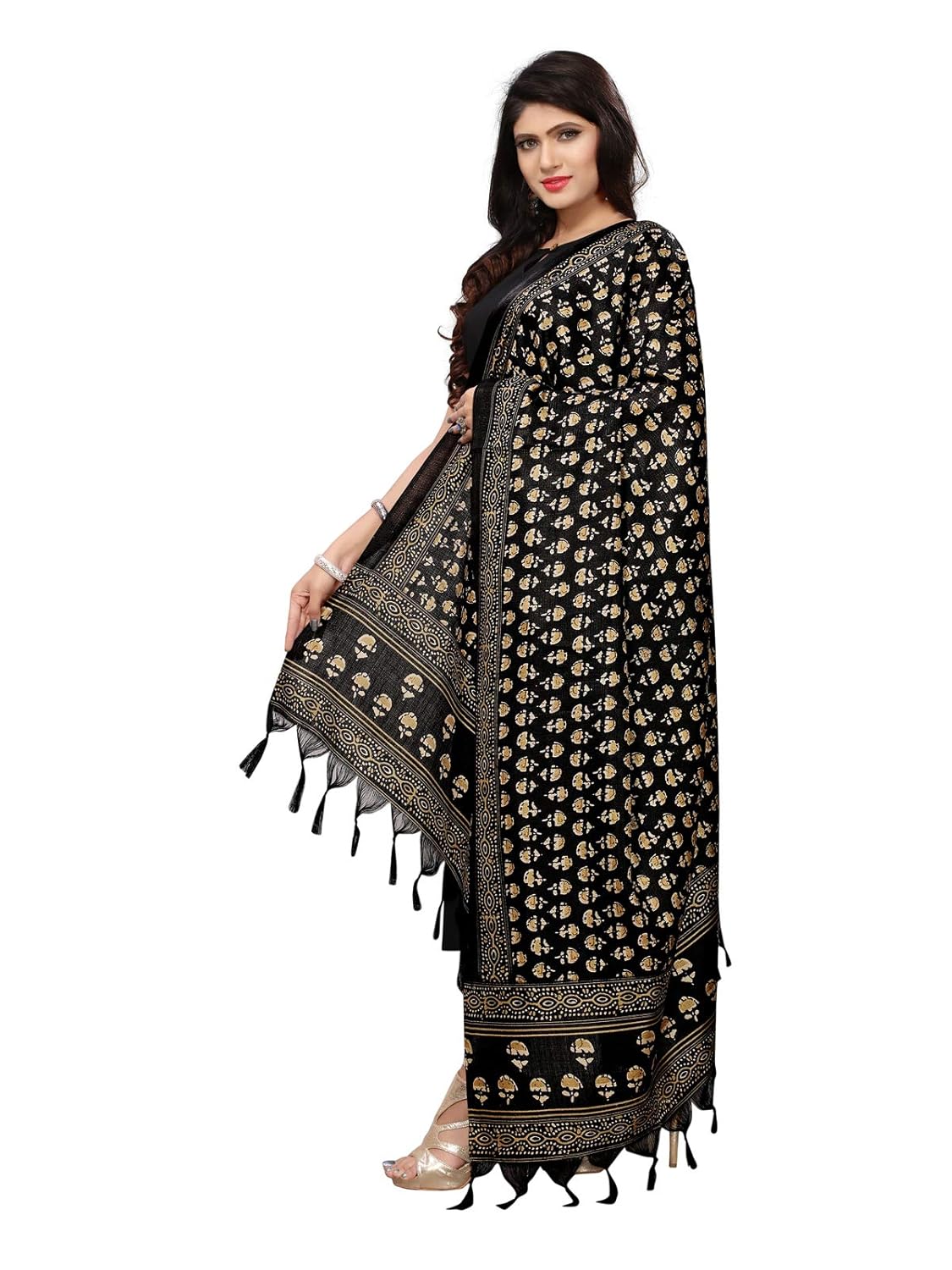kanchnar women's black and biege bhagalpuri printed dupatta