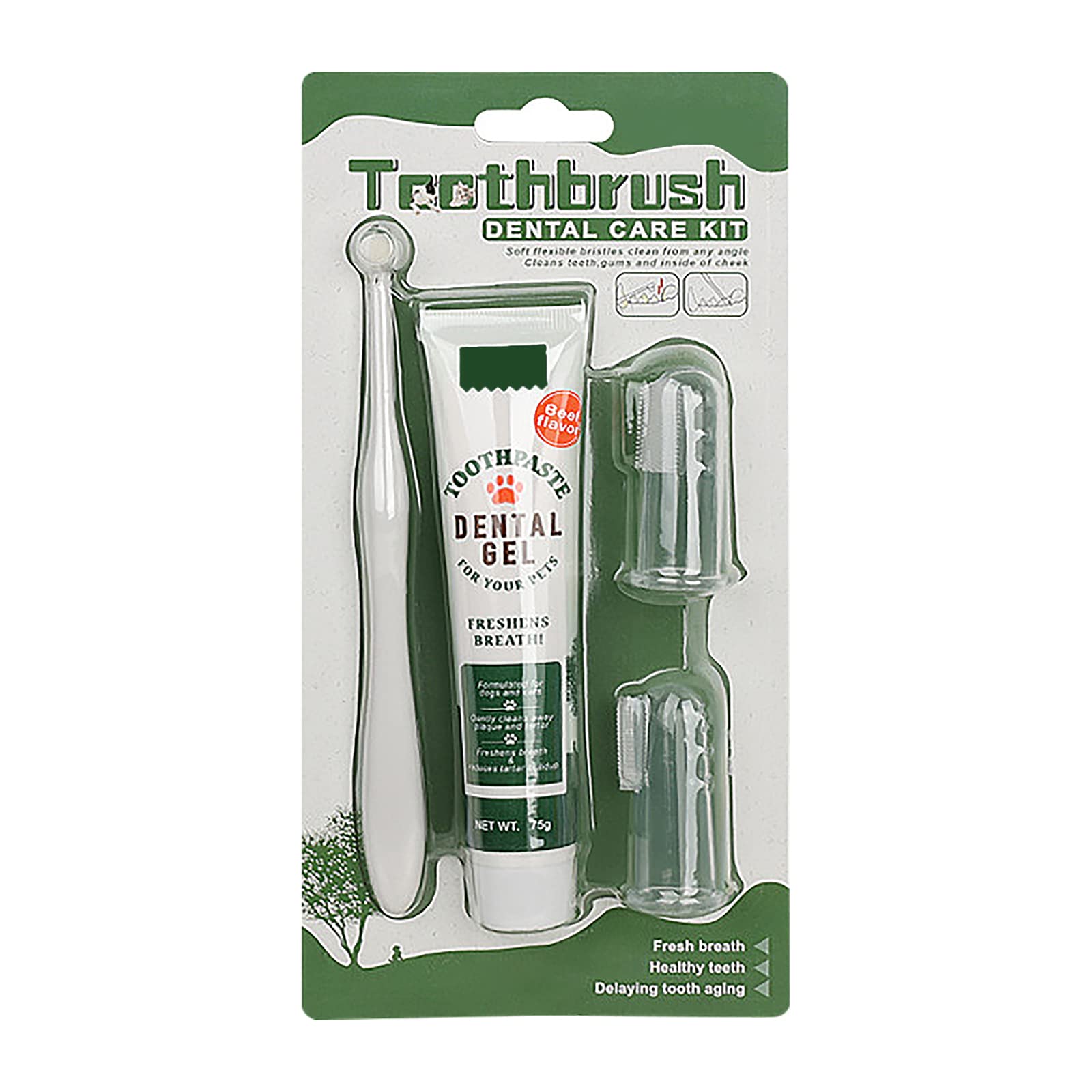 Dental Care Kit (4 Pieces) - Dog Toothbrush and Toothpaste Beef Flavor & Puppy Teeth Finger Brush - Plaque Remover & Breath Freshener