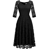 Dressystar Womens Long-Sleeve Wedding Guest Dress A-Line Lace Formal Party Cocktail Midi Dress Prom Gown