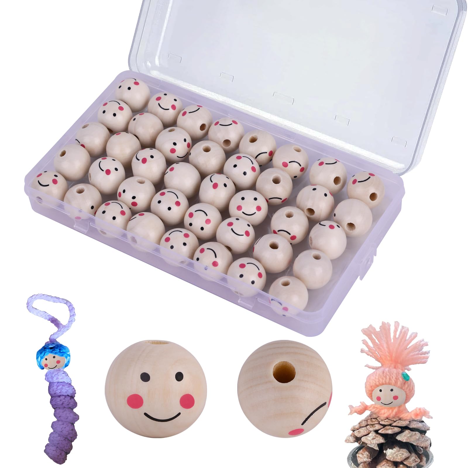 Deauparkoty Pack of 40 Wooden Balls with Face and Hole - 20 mm for Crafts, Worry Worms, Lucky Worms Accessories - Natural Wood