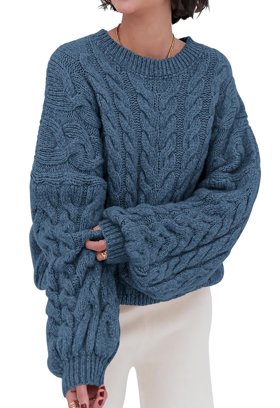 Photo 1 of PRETTYGARDEN Womens Sweaters Fall 2025 Cable Knit Long Sleeve Crewneck Oversized Sweater Chunky Pullover Loose Outfits (Grey Blue, Small)