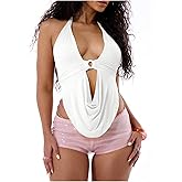 Floerns Women's Y2k Going Out Clubwear Halter Top Tie Backless Draped Cowl Deep V Neck Ring Top Cut Out Party Halter Tops