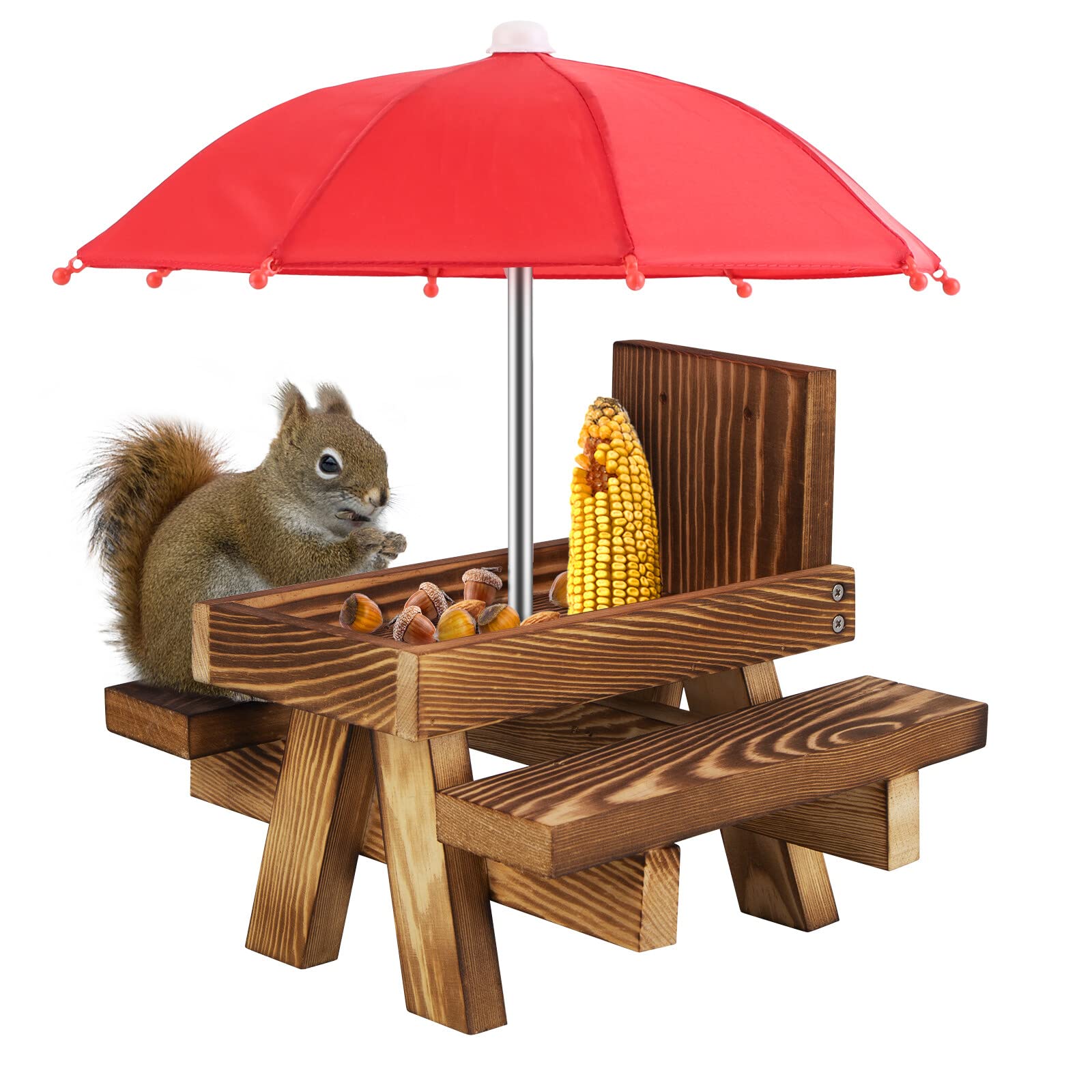 Sonhomay Outdoor Wooden Squirrel Feeder Funny Squirrel Feeding Table with An Umbrella for Garden Yard Tree