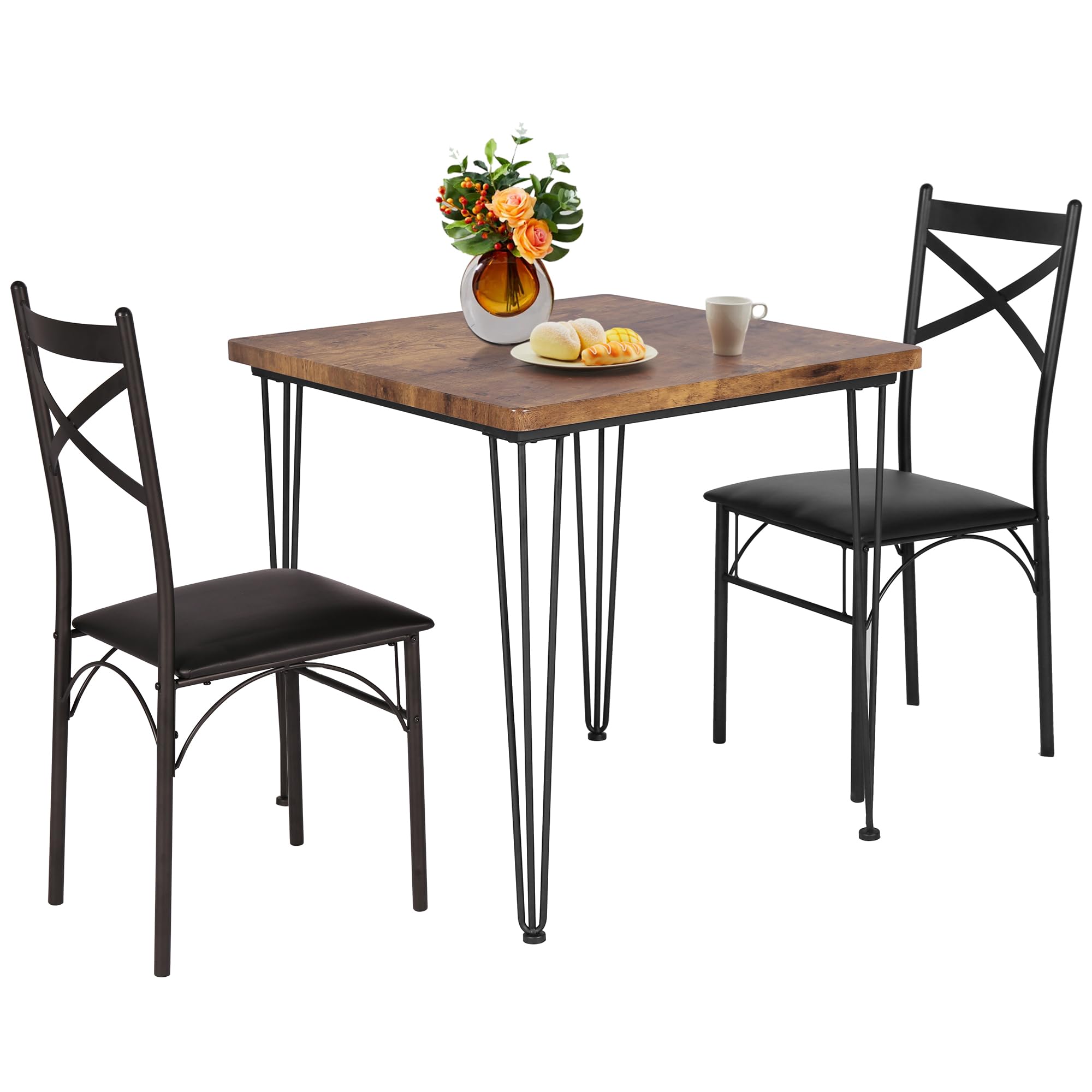 Photo 1 of VECELO Kitchen Dining Room Table 2 Chairs for Small Space, Apartment,Metal Steel Frame, 3-Piece Set, Brown