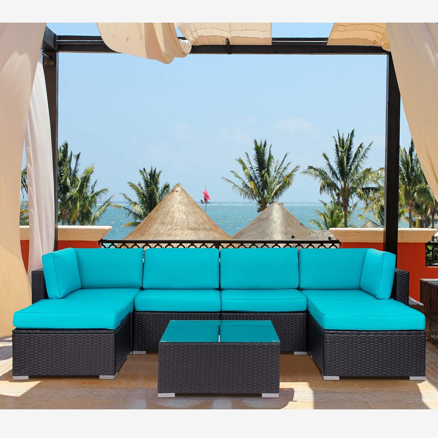 Shintenchi 7 Pieces Outdoor Patio Furniture Sets, All Weather PE Wicker Rattan Patio Conversation Sofa Set Tea Table&Ottoman &Washable Cushions for Backyard Lawn Garden (Blue) : Garden & Outdoor