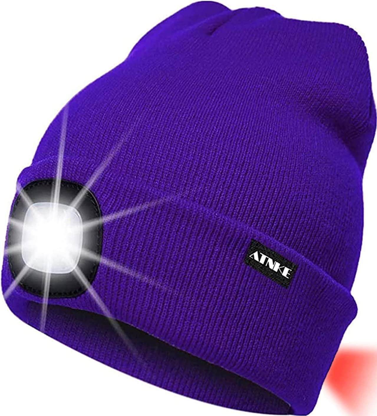 ATNKE 8LED Lighted Knit Hat,USB Rechargeable Running Headlamp Cap Ultra Bright Waterproof Light Lamp and Flashing Alarm Red Tail Light Multi-Color/Purple