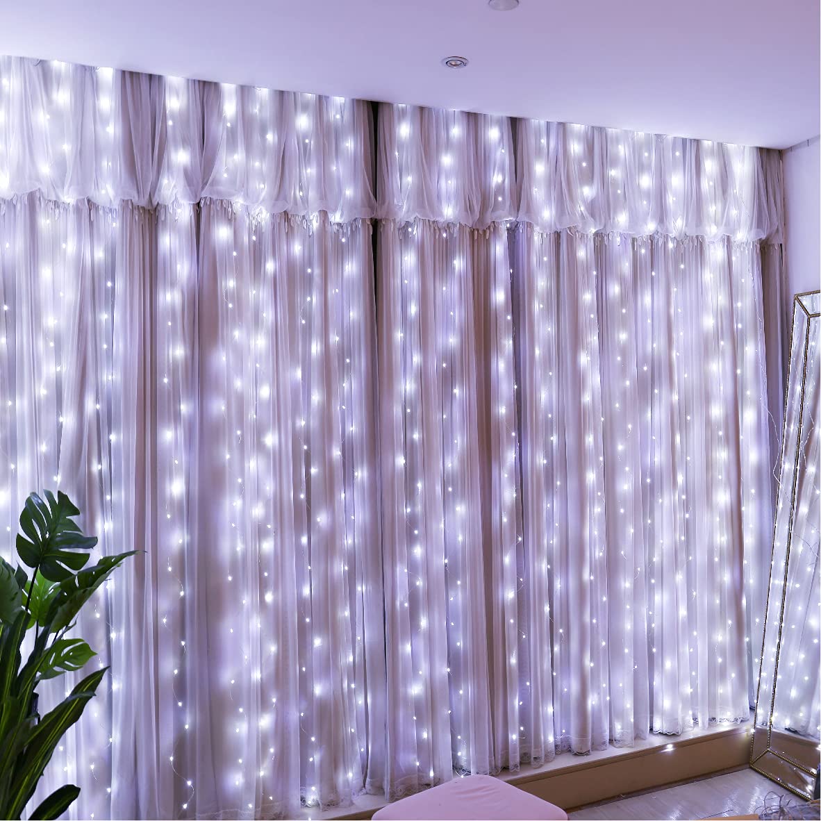 HXWEIYE 300LED White Fairy Curtain Lights, 3mx3m USB Powered 8 Modes Window Fairy String Lights with Remote Timer Adjustable Brightness for Bedroom, Indoor, Outdoor, Weddings, Party, Decorations