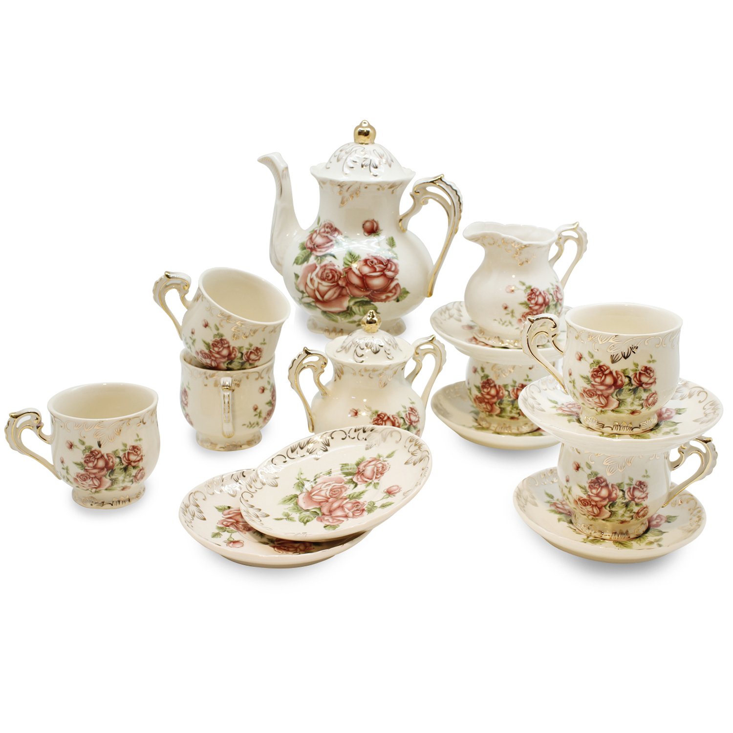 European Red Rose Tea Set , Teapot Set 15 pcs Includes Cup and Saucer