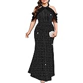 TIARALY Plus Size Sparkly Formal Dress Elegant Mermaid Maxi Evening Gown Cocktail Wedding Guest Halter Neck with Cape