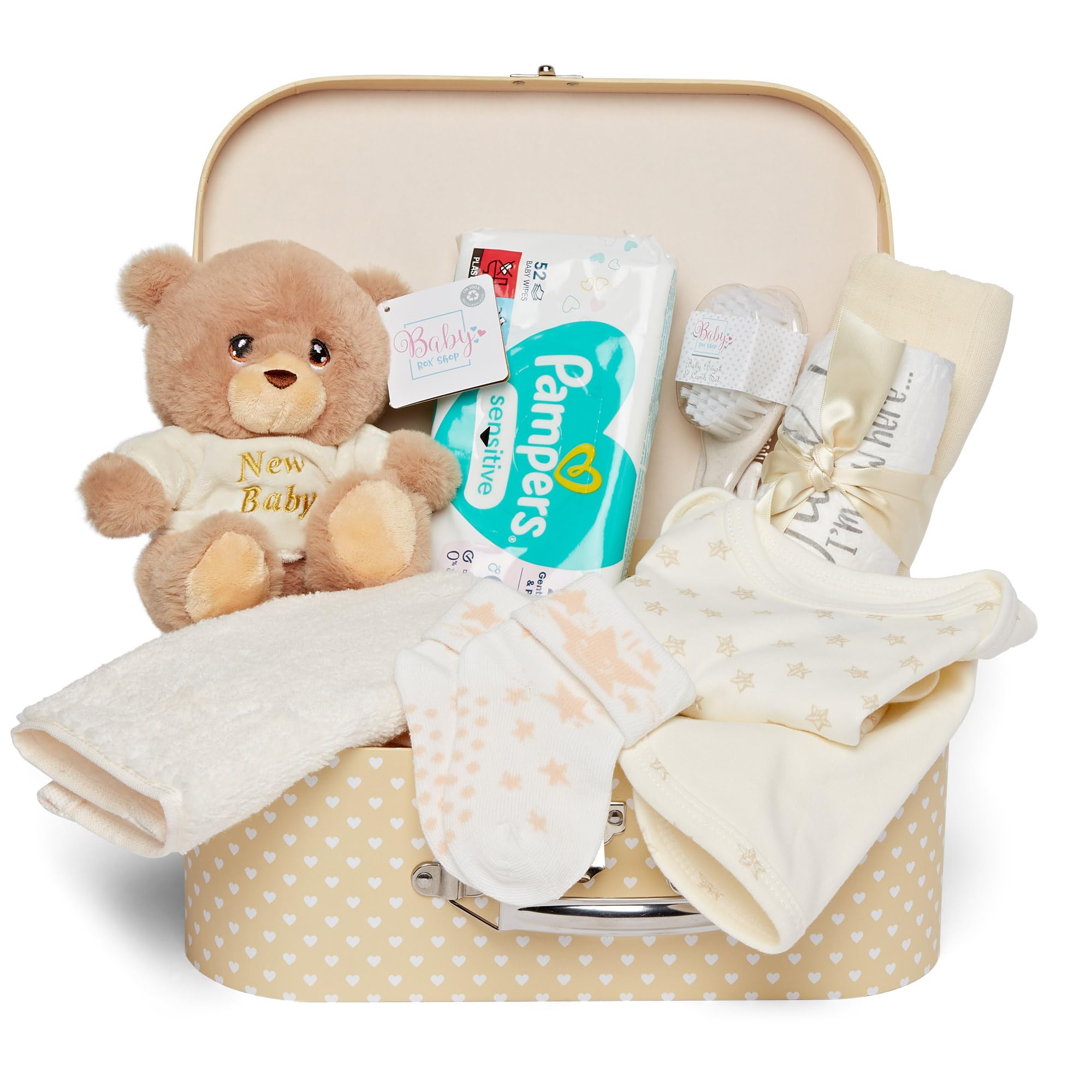 Baby Box Shop - Premium Baby Shower Hamper, Keepsake Box with New Born Baby Essentials & Teddy Bear for Newborn Baby Gifts