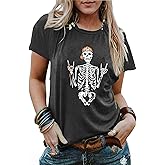 Skull Shirts for Women Gothic Skeleton Print Vintage Graphic Casual Cotton Tops Funny Workout Athletic Shirts