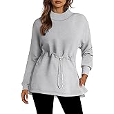 Doshoop Women's Turtleneck Sweatshirts Long Sleeve Pullover Tops Side Slit Tunic Shirts with Drawstring Waist