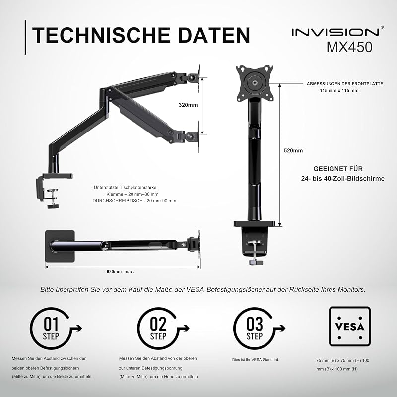 Monitorarm Halterung fur Monitore von 24"-40" VESA 75/100mm ergonomisch höhenverstellbare Schreibtischklemme 2-15 kg (MX450)