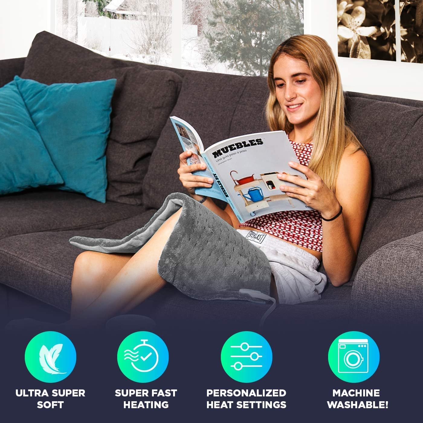 Cure Choice Large Electric Heating Pad for Back Pain Relief + Storage Pouch, Ultra Soft 12"x24" Heating pad for Muscle Cramps - Heated Pad with Adjustable Temperature Settings (Gray): Health & Personal Care