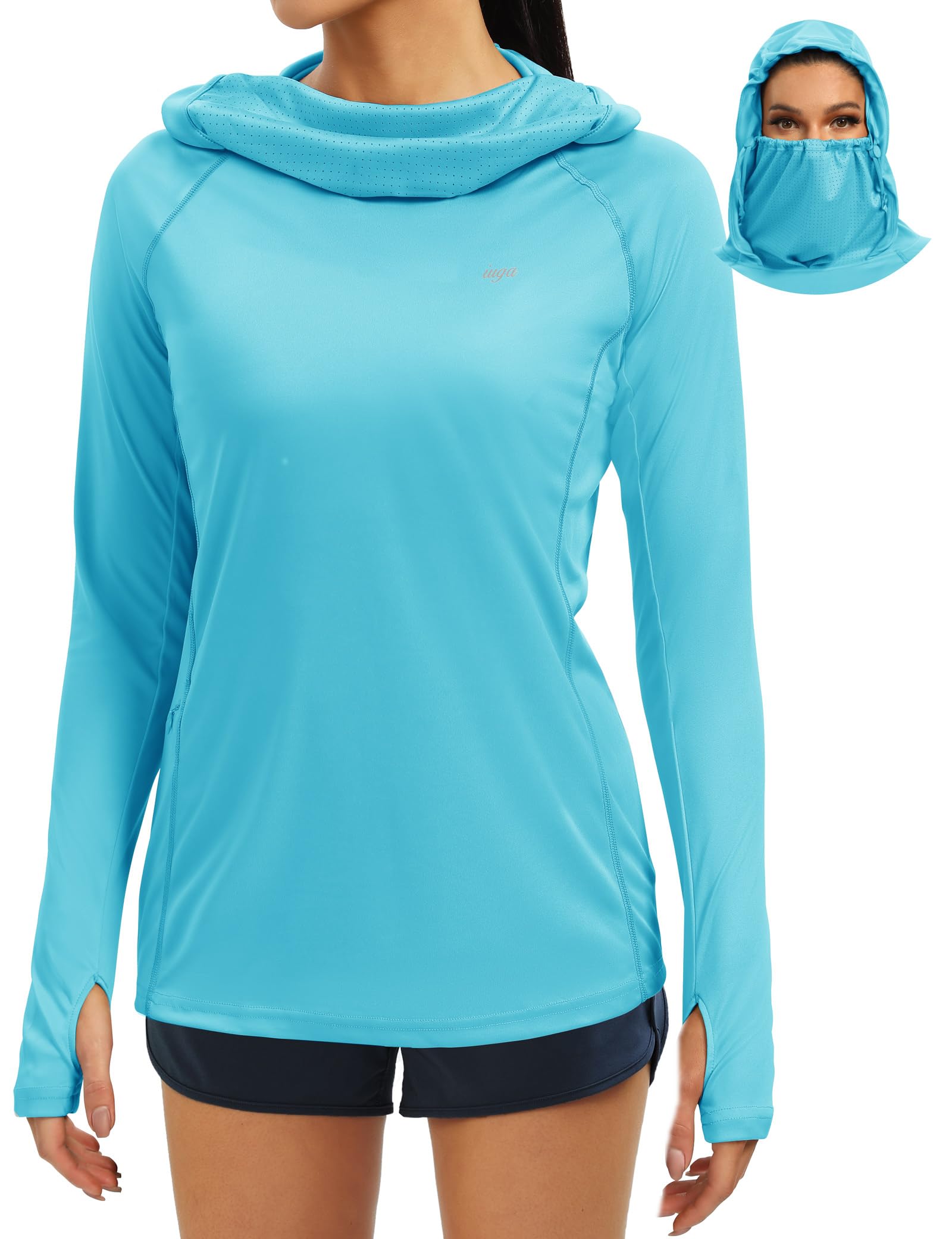 Photo 1 of IUGA SPF Shirt Women Sun Protection Clothing UPF 50+ Hoodie with Face Cover UV Hiking Long Sleeve Shirts Lightweight Outdoor Blue