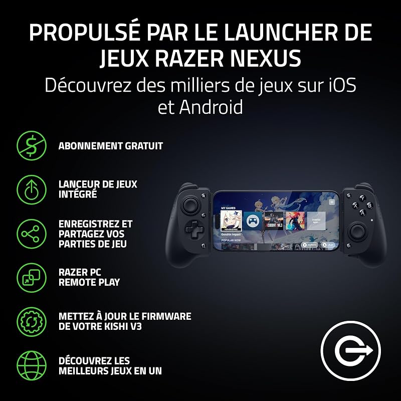 Kishi V3 - Contrôleur mobile de taille normale pour iPhone et smartphones Android - USB-C - sticks analogiques anti-dérive - 12 boutons (Sensa HD Haptics, Nexus Game Launcher) Noir