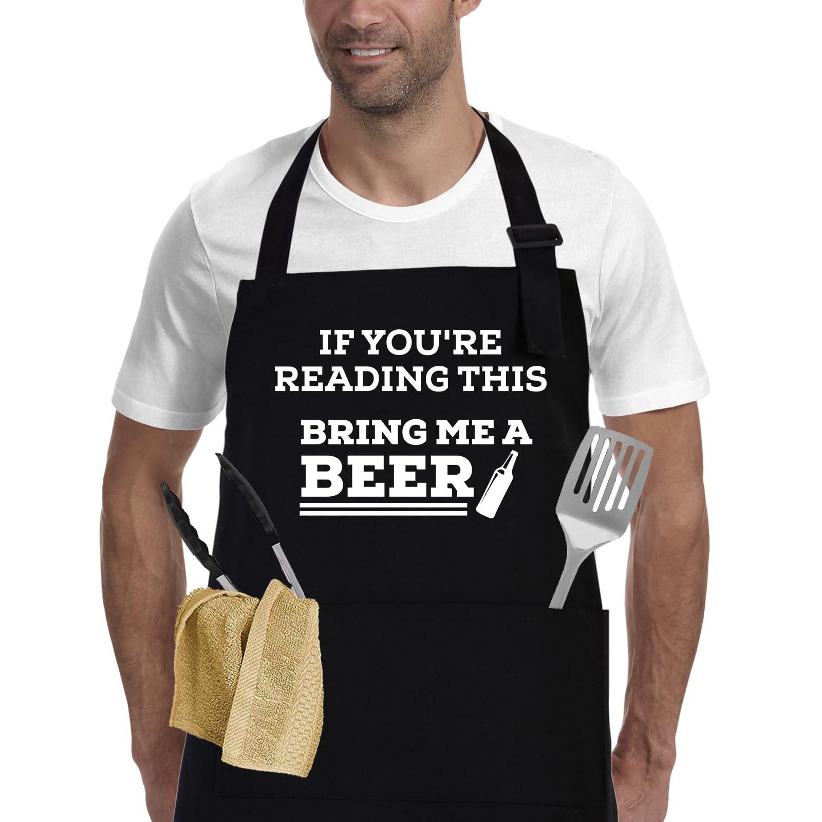 APRONPANDA If You're Reading This Bring Me A Beer, Adjustable Barbecue Cotton Aprons for Men, Gifts for Fathers Day, Funny Gifts for Men, Dad, Uncle, Husband, Boyfriend, Birthday Gifts for Men