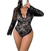 WDIRARA Women's Plus Size Sexy Floral Lace Bodysuit Deep V Neck Long Bell Sleeve Leotard Tops