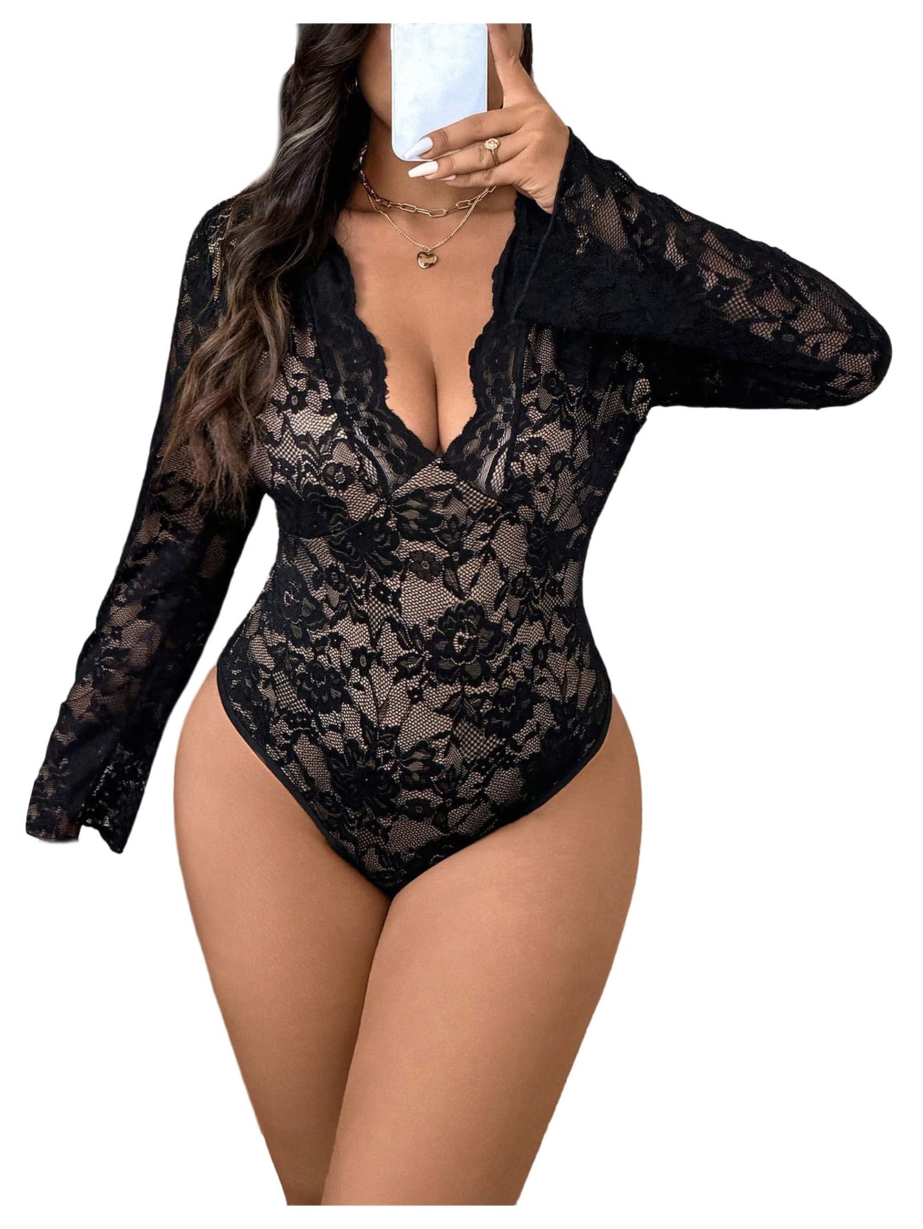 Photo 1 of WDIRARA Women's Plus Size Sexy Floral Lace Bodysuit Deep V Neck Long Bell Sleeve Leotard Tops Black 3X-Large Plus