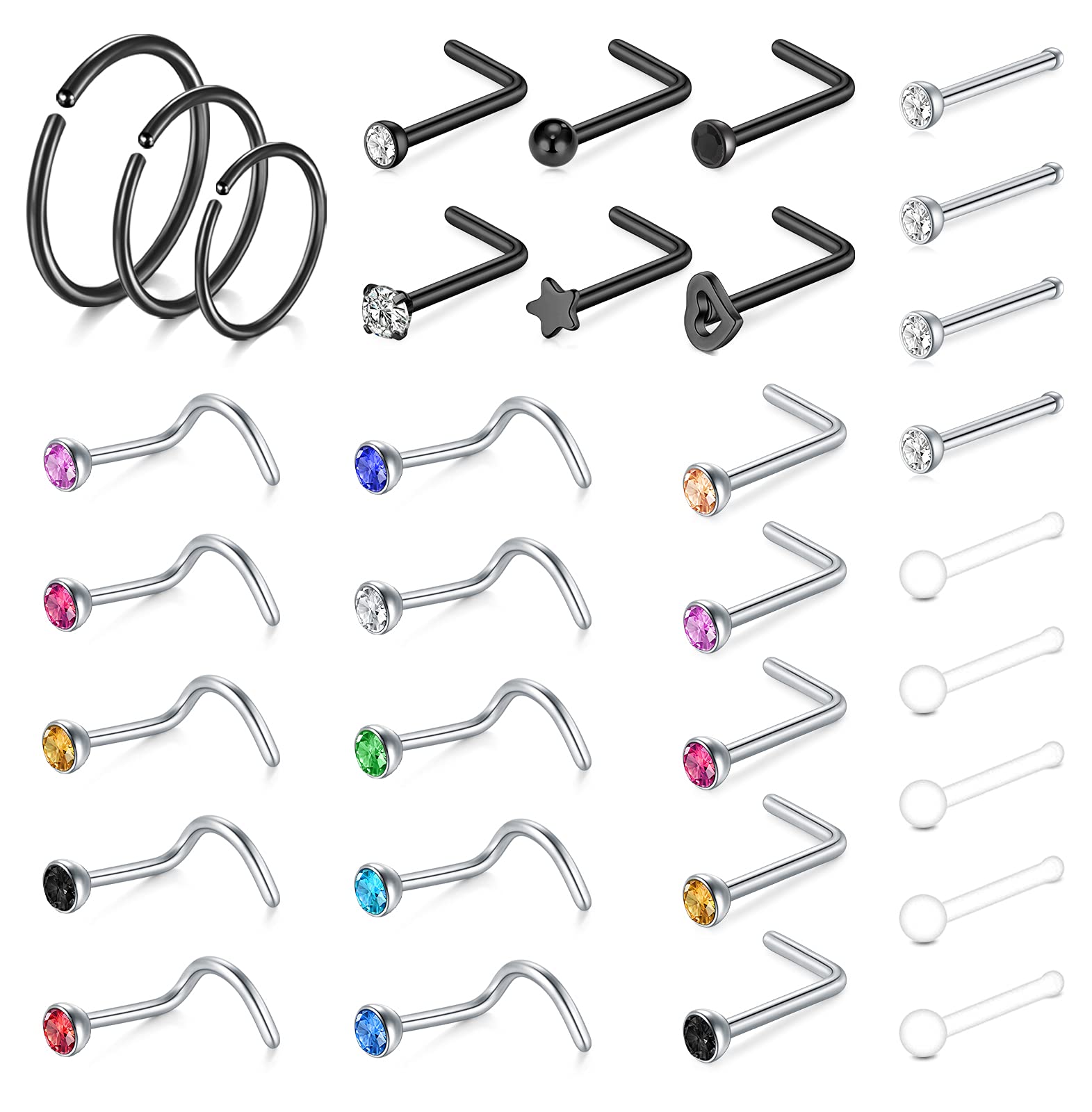 incaton 20G Nose Stud 0.8mm Nose Ring Surgical Steel Nose Piercings CZ Nose Screw Studs Nose Jewellery for Women Men