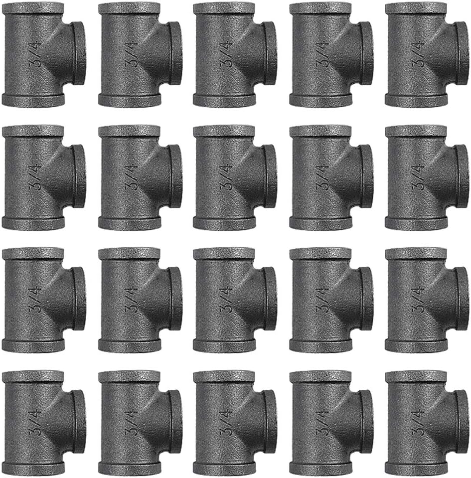 GOOVI 3/4 Inch Tee Pipe Fitting, Black Pipe Threaded Pipe Nipples - Cast Pipe Fittings - Industrial Piping Tees for Plumbing Pipe Shelf and DIY Steampunk Vintage Pipe Furniture Projec, 20 Pack.