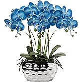 Briful Orchids Artificial Flowers 18" Blue Phalaenopsis Large Orchid with Silver Ceramic Pots Fake Orchid Flower for Home Office Bathroom Living Room Table Decoration