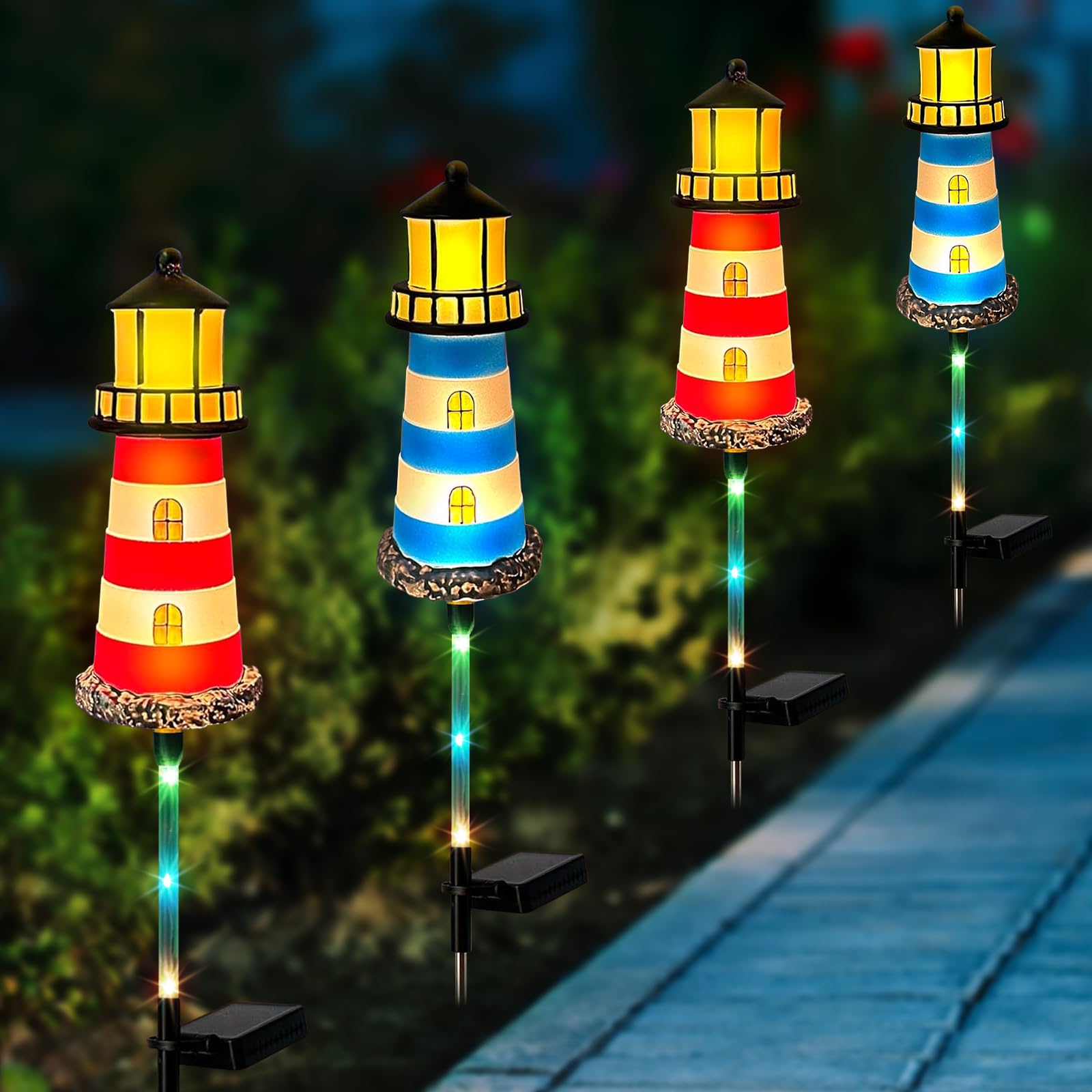 Photo 1 of Solar Lights Outdoor Waterproof, Lighthouse Lights 4 Packs 7 Light Color Changes Suitable for Outdoor Gardens, Walkway Light Lawn, Flower Bed Solar Garden, Patio Decoration,