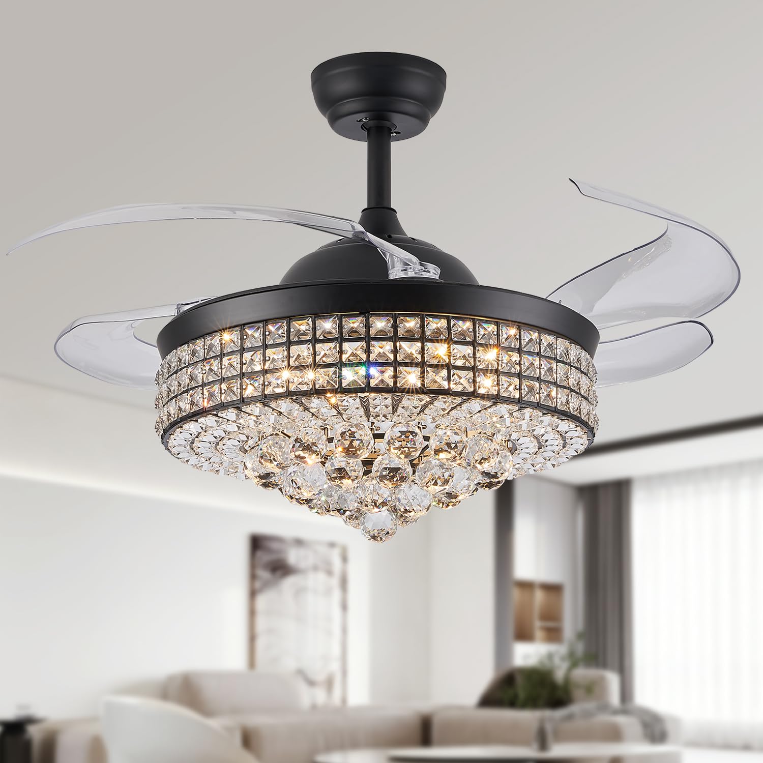 TRSIOPFC 42 Inch Dimmable Crystal Fandelier Ceiling