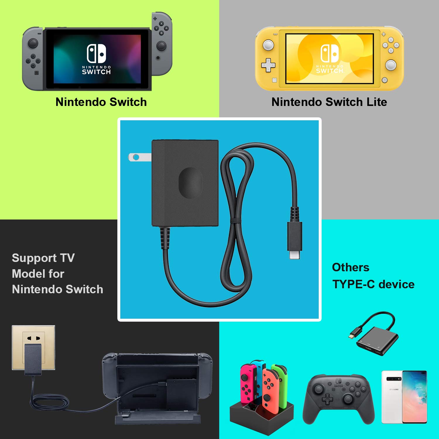 YCCSKY Charger for Nintendo Switch Lite, [Latest Version] Switch Lite Charger AC Adapter 5V/2.6A Fast Charging Replacement for Nintendo Switch Lite and Nintendo Switch (Support TV Mode)