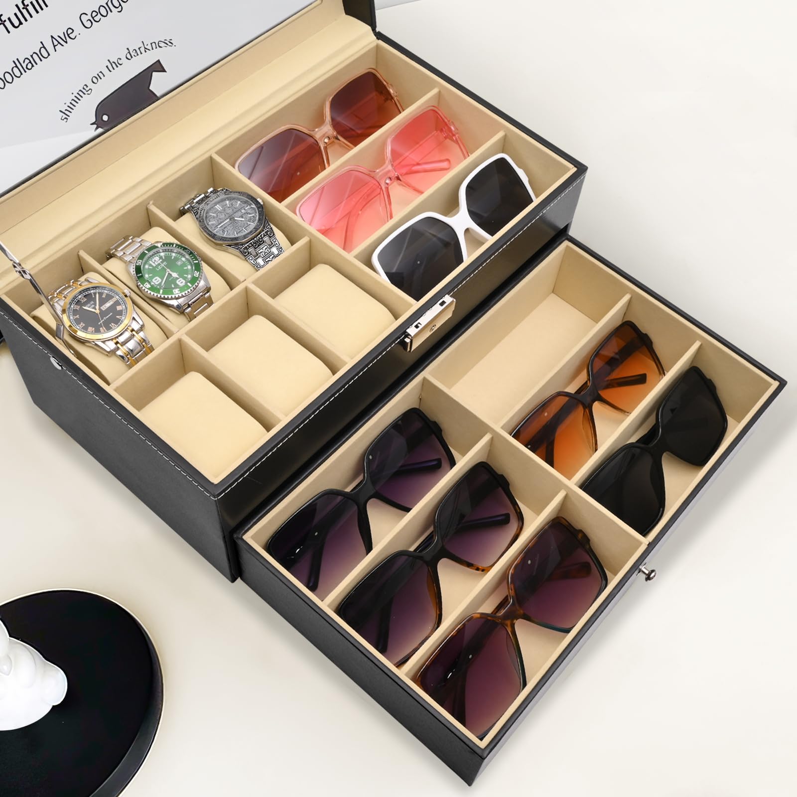Vevitts 2 Layers 6 Slots Watch Boxes and 9 Pieces Eyeglasses Sunglasses Storage,Black Leather Watch Jewelry Eyeglasses Sunglasses Display Case Organizer for Women and Men