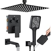Bathtub Shower Faucet Set with Pressure Balance Valve, 12" Ceiling Mount Shower System with Tub Spout Multi-function Handheld Head Push Button Diverter Shower Trim Kit, Matte Black