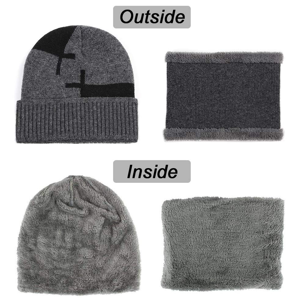 Winter Beanie Hat Scarf Set Thick Soft Lightweight Knit Skull Cap Men Women Nap Cloth Ski Outdoor Sports (Gray&Balck)