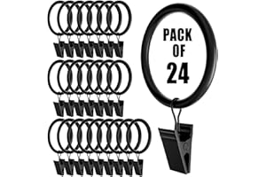 Homyplaza 24 Pack Black Curtain Rings with Clips, Curtain Hooks for Hanging, Heavy Duty Drapery Rings, Polish Rustproof Curtain Clips Hangers for Drapes, 1.26" Interior Diameter, Fits up to 1.14" Rods