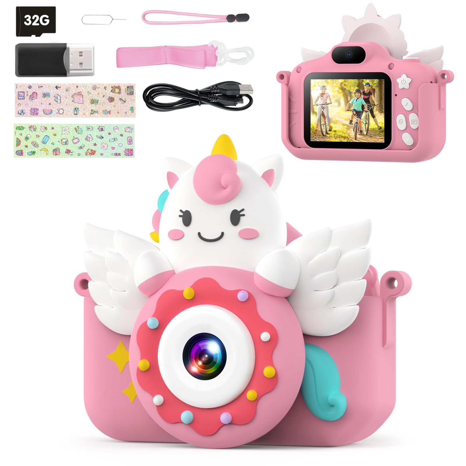 TIATUA Kids Digital Camera for Girls - 1080P with 32GB Card, Selfie Mode, Toddler & Video Camera, Perfect for Age 3-10 (Pink)