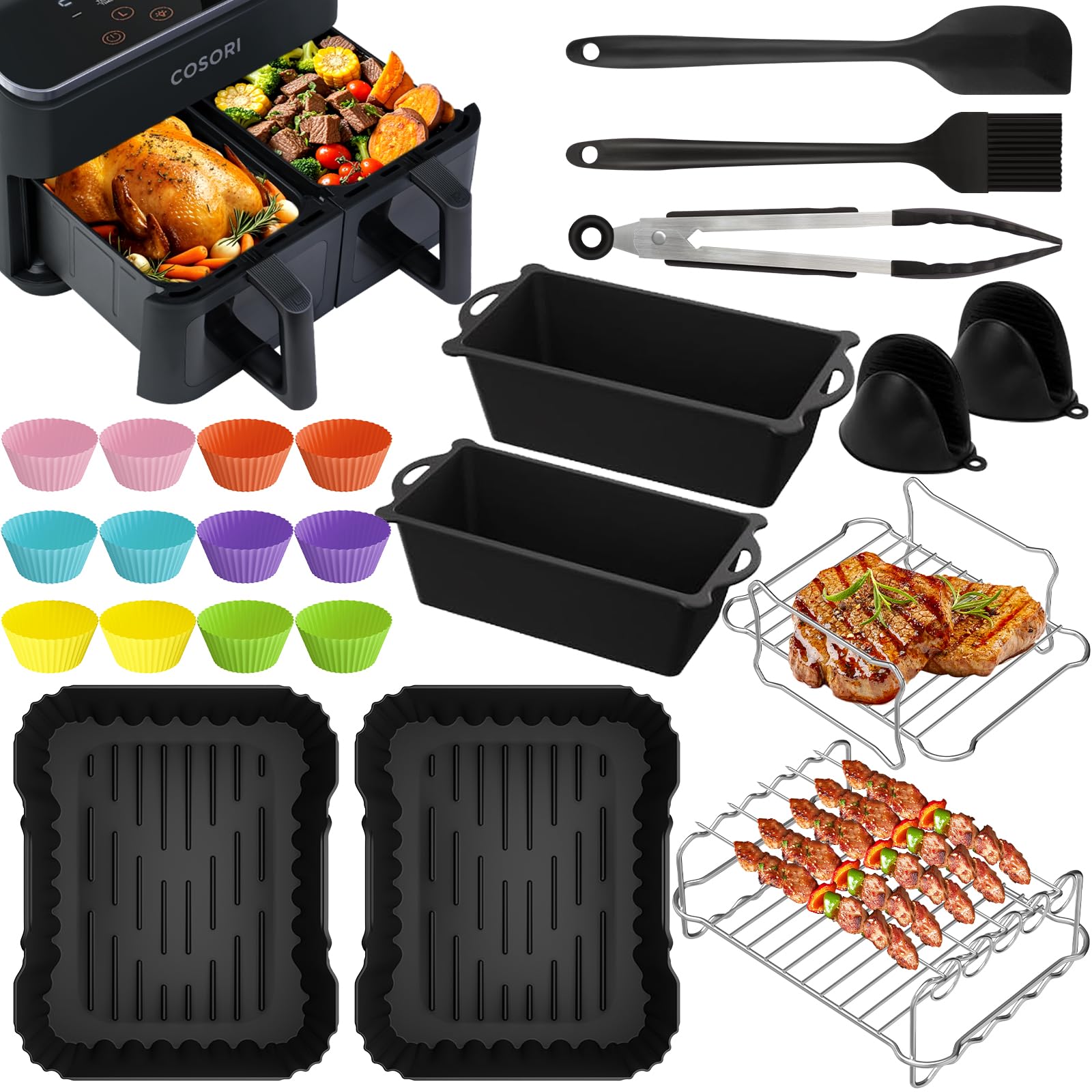 Airfryer Zubehör für COSORI Heißluftfritteuse Zubehör Dual Zone 8.5 L,Wiederverwendbares Airfryer Zubehör Einschließlich Silikonformen, Grillrost, Brotbackformen für COSORI CAF-R901-AE Airfryer