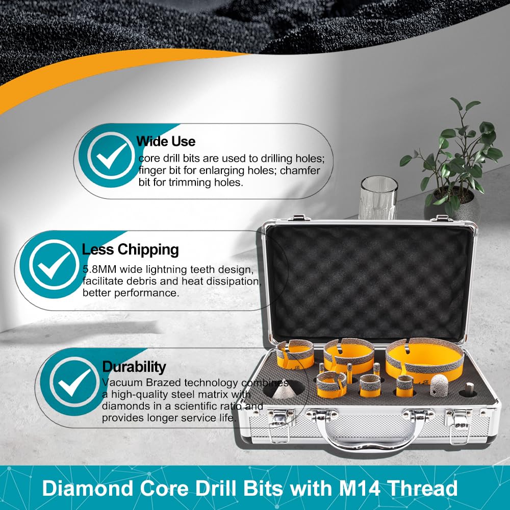 Diamant Fliesenbohrer Set 12 Stücke, 6/6/8/20/25/35/50/68/100MM EXFEIN M14 Diamantbohrer Lochsäge, 20mm Fingerfräser, 50mm Fasenfräser, Adapter für Fliesen Keramik Porzellan Marmor Granit 3