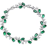 Emerald Green CZ Leaf Vine Tennis Bracelet for Women, Rhodium-Plated Brass, 8" Oval-Cut Cluster Floral Link, 5.1 mm Dainty Sparkle Gift Jewelry