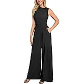 Miusol Women's Casual Sleeveless Mock Neck Ruched Wide Leg Jumpsuit Summer Formal Long Romper with Pockets